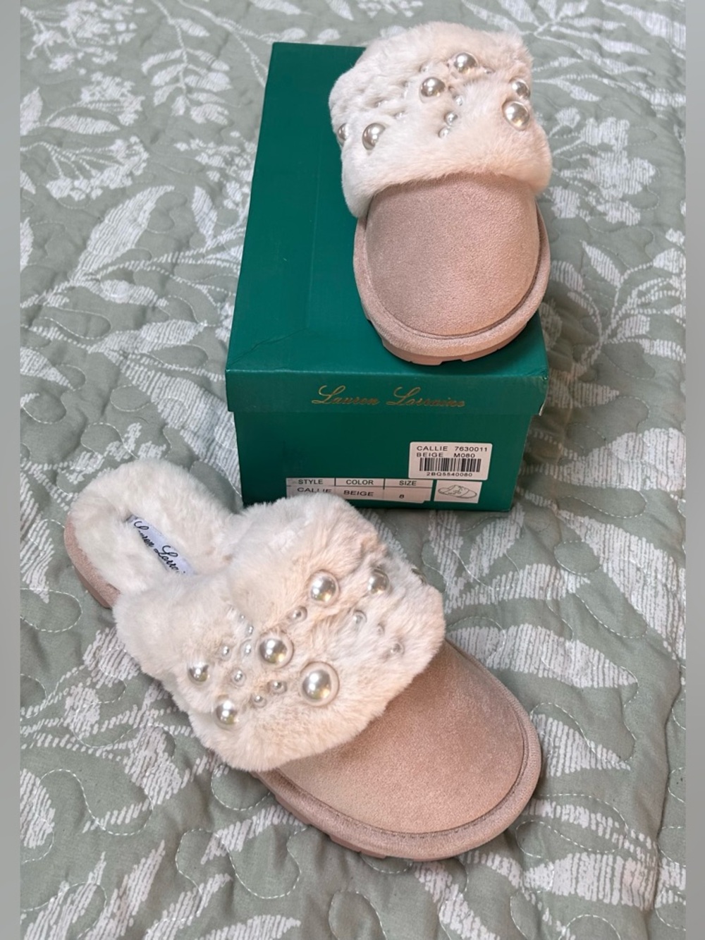 Plush Slippers with faux fur inside & w/ pearls outside by Lauren Lorraine. NIB